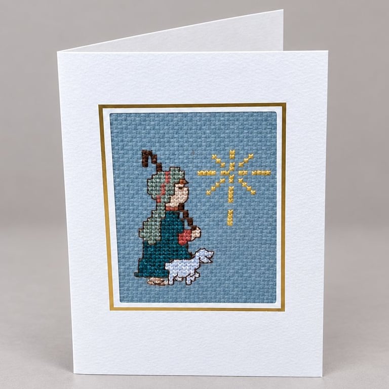Handmade Cross Stitch Shepherd & Sheep Christmas Card – Traditional Religious 