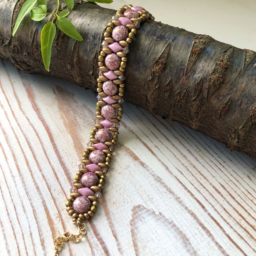 Pink & Gold Beadwork Bracelet. Beaded Bead woven. Gold filled.