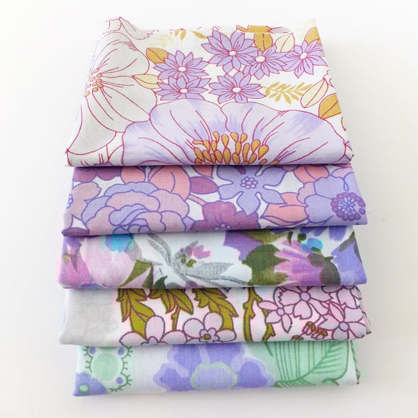Vintage Fat Quarter Bundle, Purples and Lilacs Fabrics, Retro Fabrics
