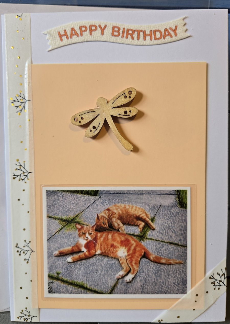 Hand made Birthday Card - 5" x 7" - Featuring Cats