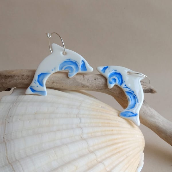 Handmade Porcelain Ceramic Blue Dolphin Hoop Earrings with Sterling Silver