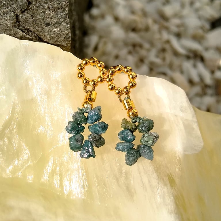 Natural Raw Uncut Green Diamond Gemstone Gold On Sterling Silver Drop Earrings