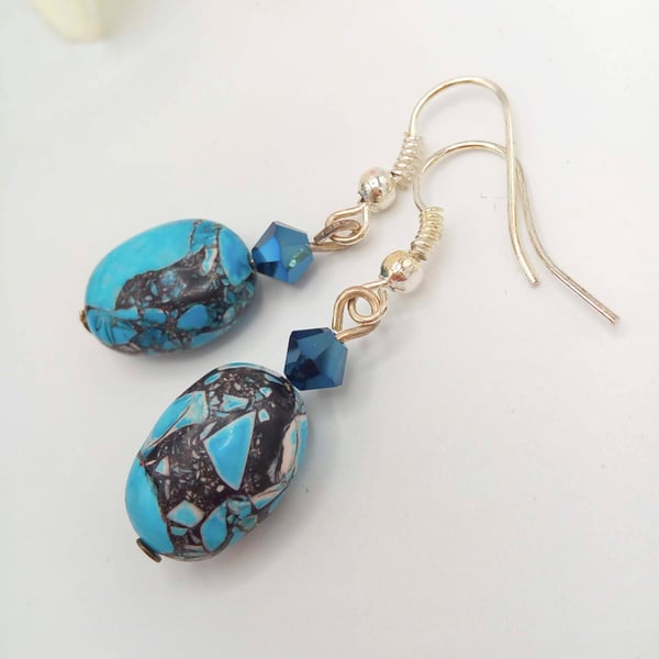 Mottled Blue Pebble Bead Earrings with Crystals, Gift for Her, Summer Earrings