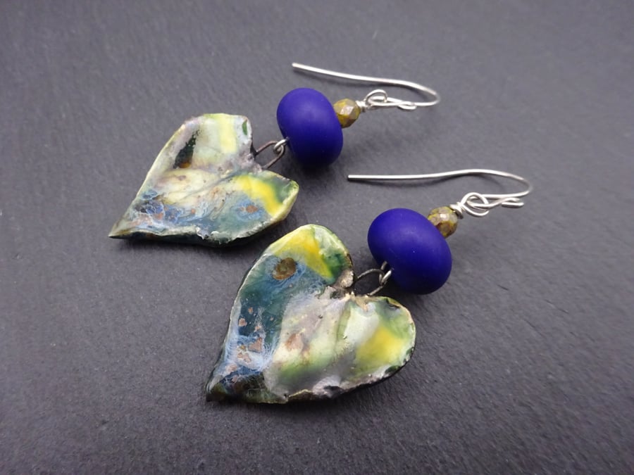 blue and yellow ceramic leaf earrings