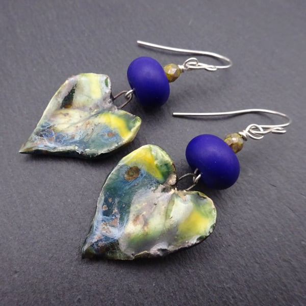 blue and yellow ceramic leaf earrings