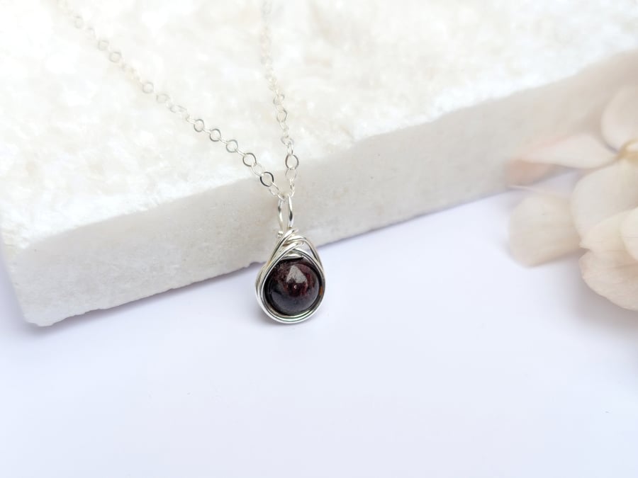 GARNET Minimalist Dainty Sterling Silver Pendant January Birthstone