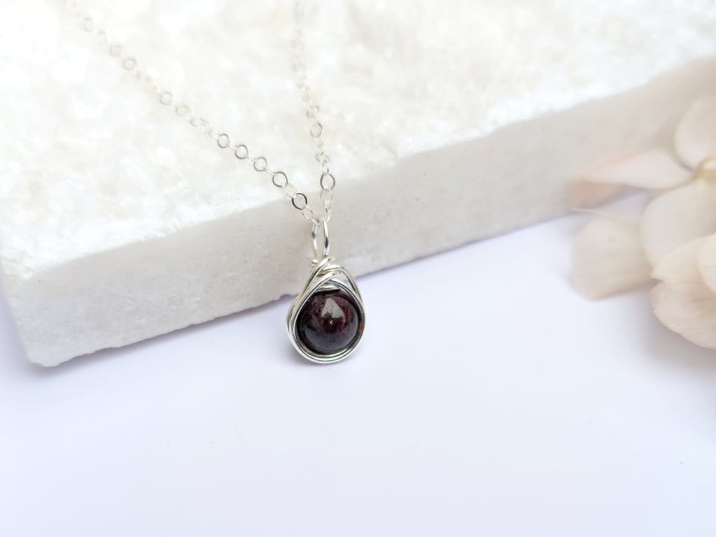 GARNET Minimalist Dainty Sterling Silver Pendant January Birthstone