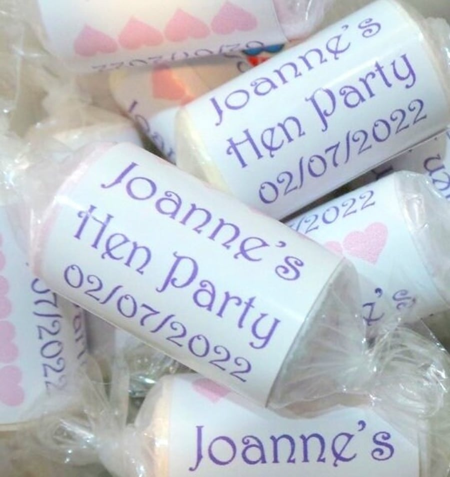 10 X Love Heart rolls with personalised hen party wrappers attached
