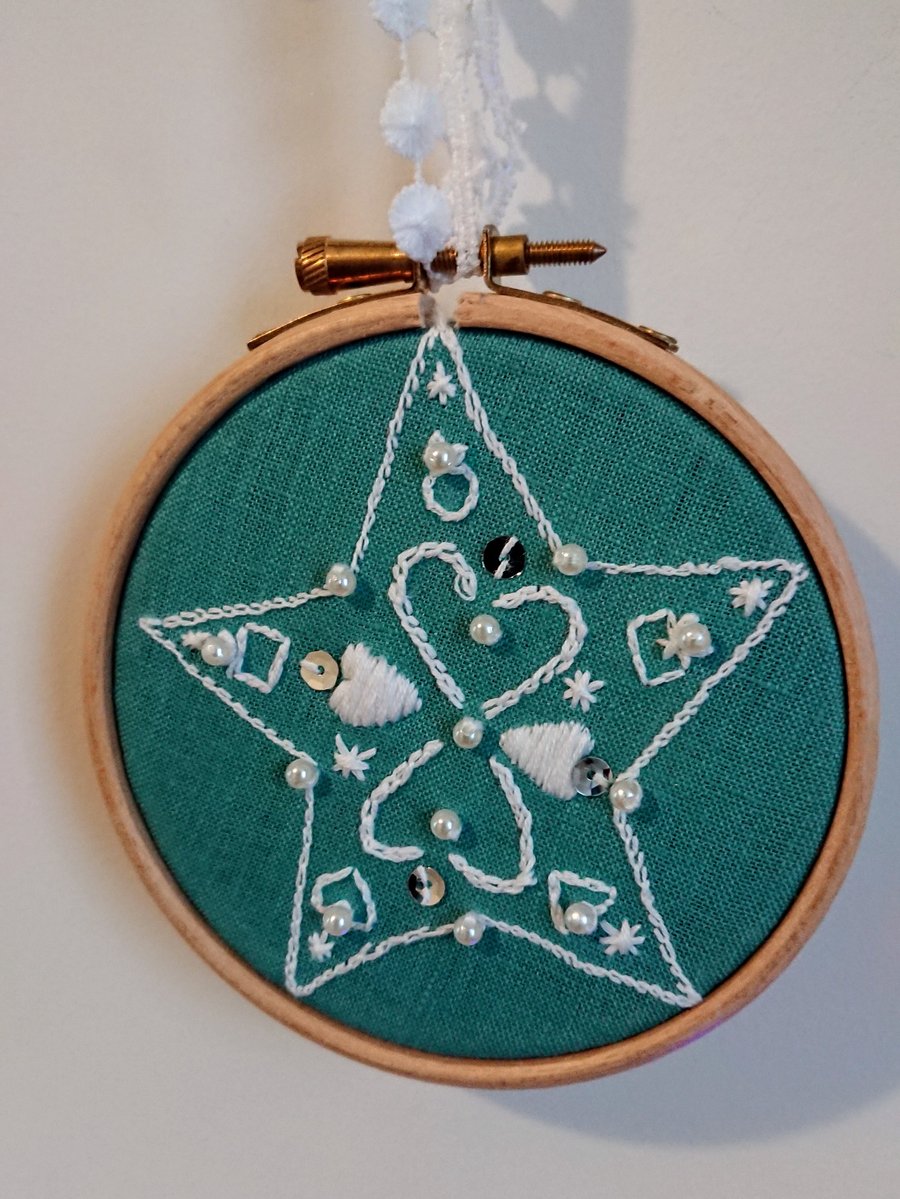 Scandi Star Embroidery Hoop Art Picture, Christmas decoration 