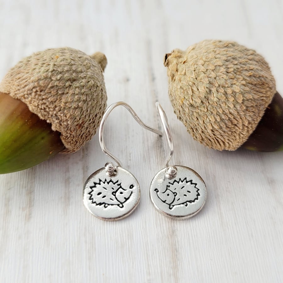 Sterling SIlver Dangle Hedgehog Earrings, woodland animals earrings