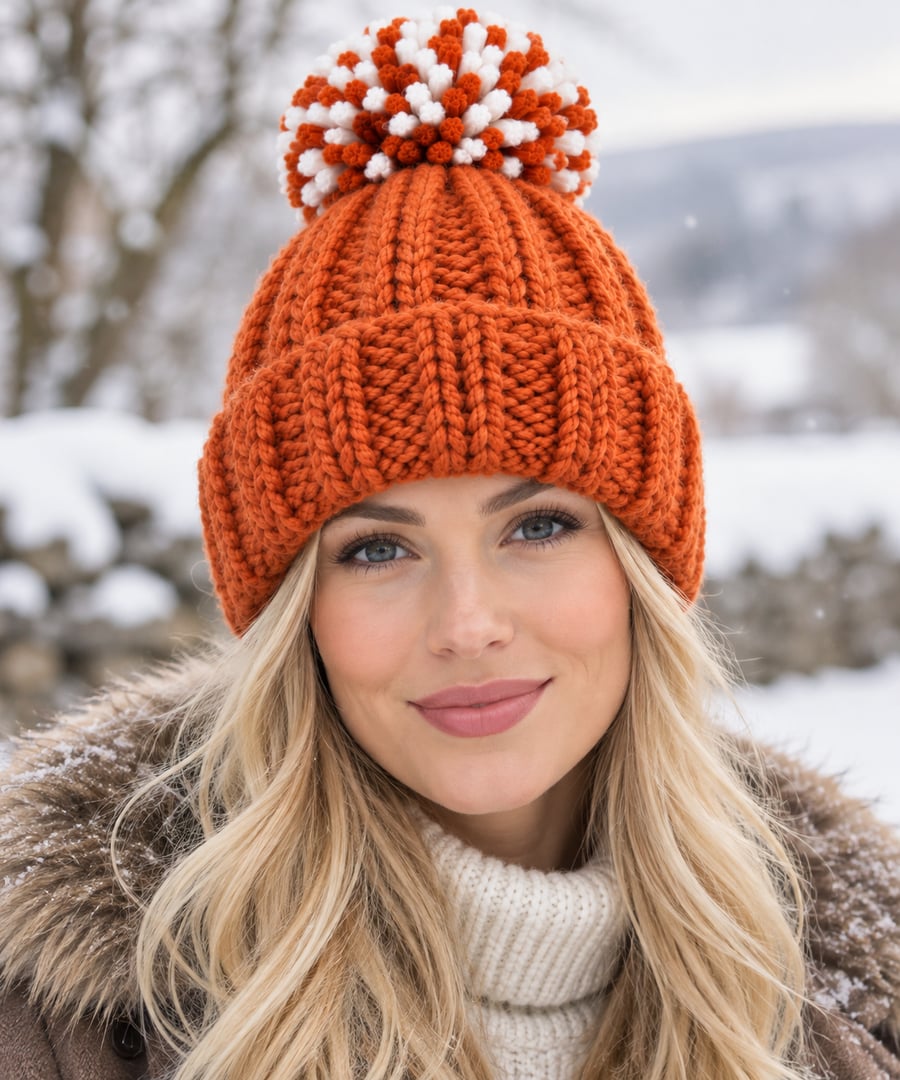 Image of Ladies Super-chunky Hand-knitted Bobble Hat, Burnt Orange 