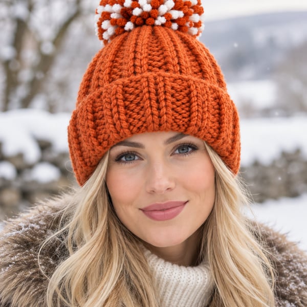 Ladies Super-chunky Hand-knitted Bobble Hat, Burnt Orange 