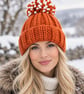 Ladies Super-chunky Hand-knitted Bobble Hat, Burnt Orange  - Image 1