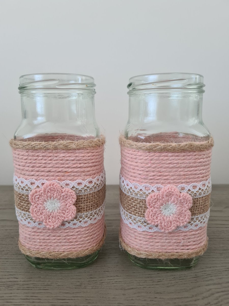 Set Of 2 Rose Pink Macrame Yarn Wrapped Vases