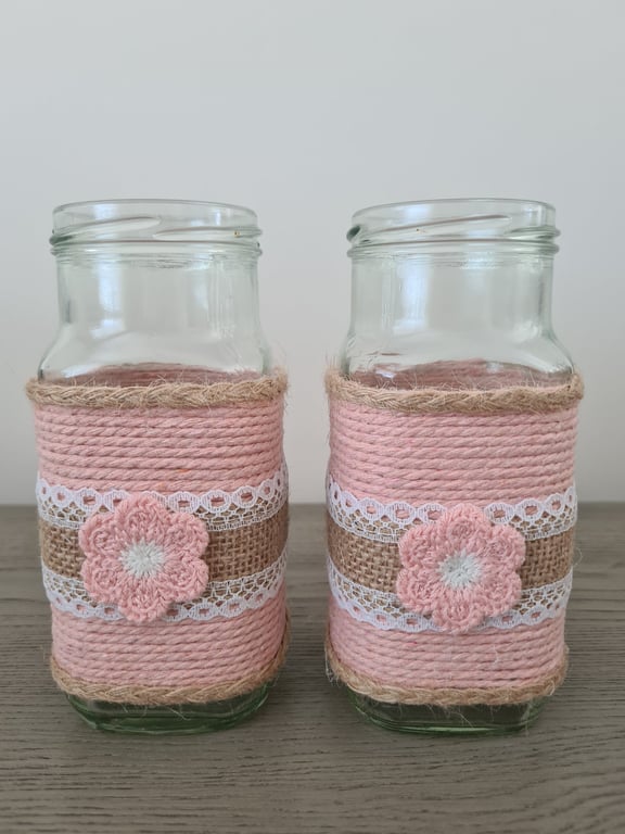 Set Of 2 Rose Pink Macrame Yarn Wrapped Vases