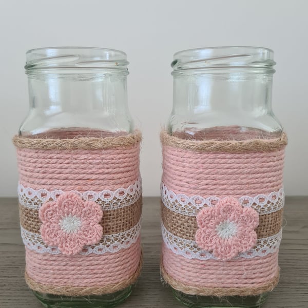 Set Of 2 Rose Pink Macrame Yarn Wrapped Vases - Shabby Chic Home Decor