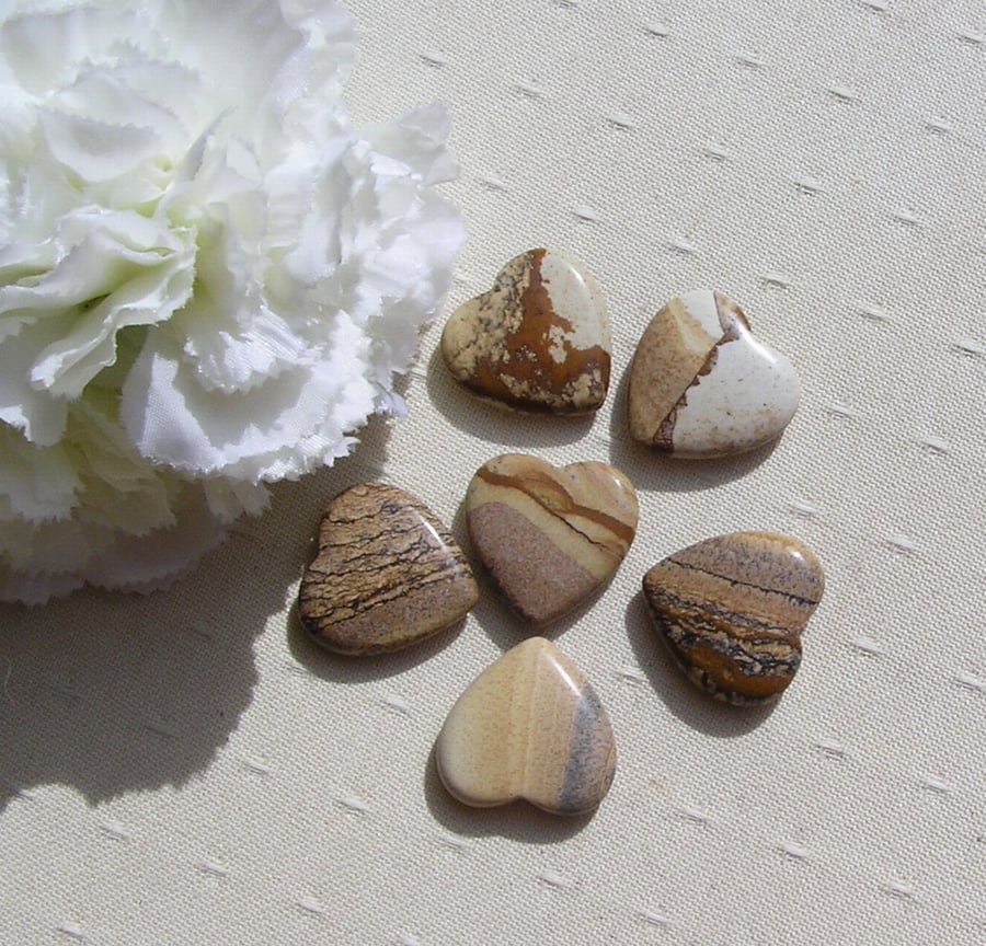 6 Kalahari Picture Stone Jasper Solid Gemstone Hearts - 20mm - Chakra, Crafting