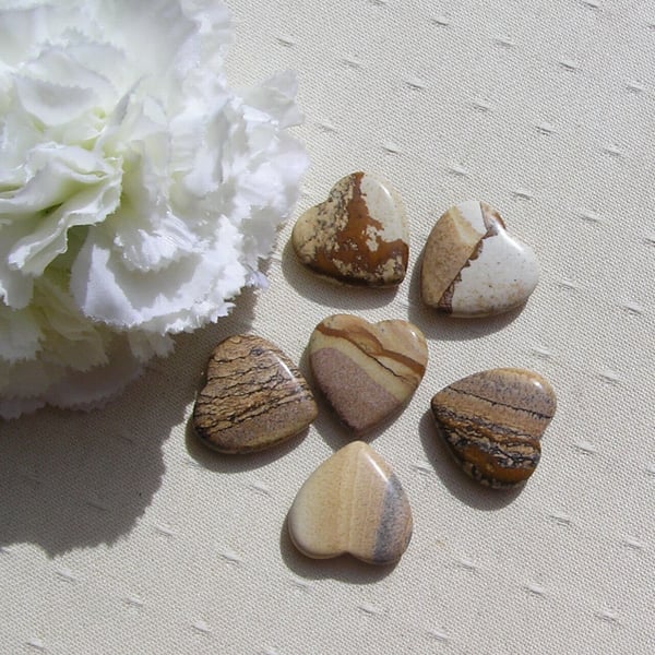 6 Kalahari Picture Stone Jasper Solid Gemstone Hearts - 20mm - Chakra, Crafting