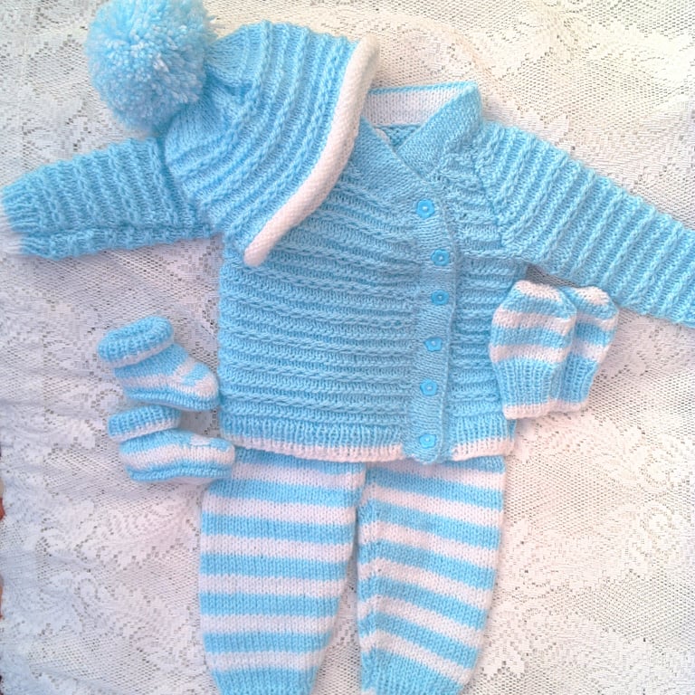 Baby's Knitted Blue and White 5 Piece Pram Set, Outdoor Clothes, Custom Make
