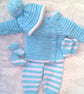Baby's Knitted Blue and White 5 Piece Pram Set, Outdoor Clothes, Custom Make - Image 10