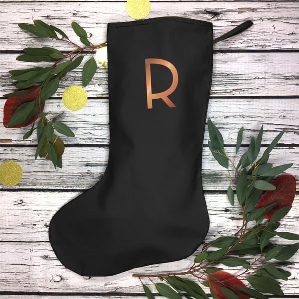 Large Christmas Stocking- family initials. Black cotton with copper letter gift.