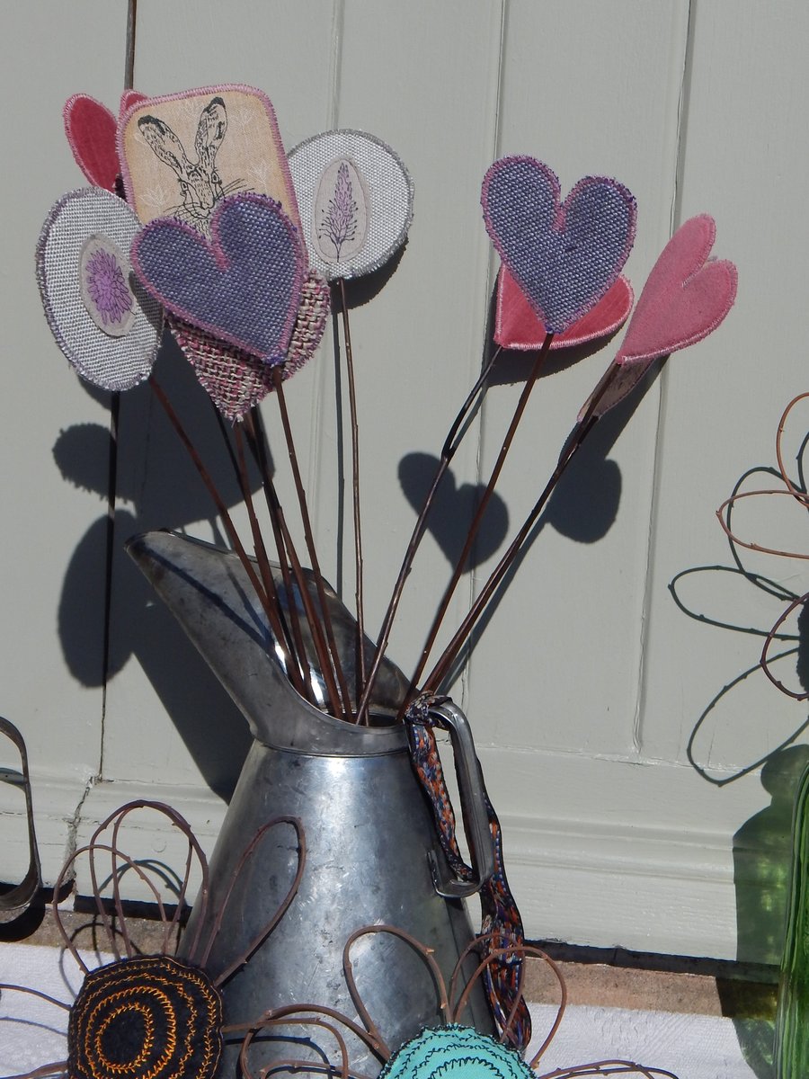 Hare and Pink Hearts - Fabric and willow bouquet 