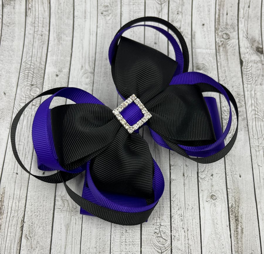 Large 5 inch Black and Purple Double Layer Bow with Double Loops