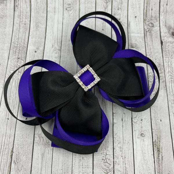 Large 5 inch Black and Purple Double Layer Bow with Double Loops