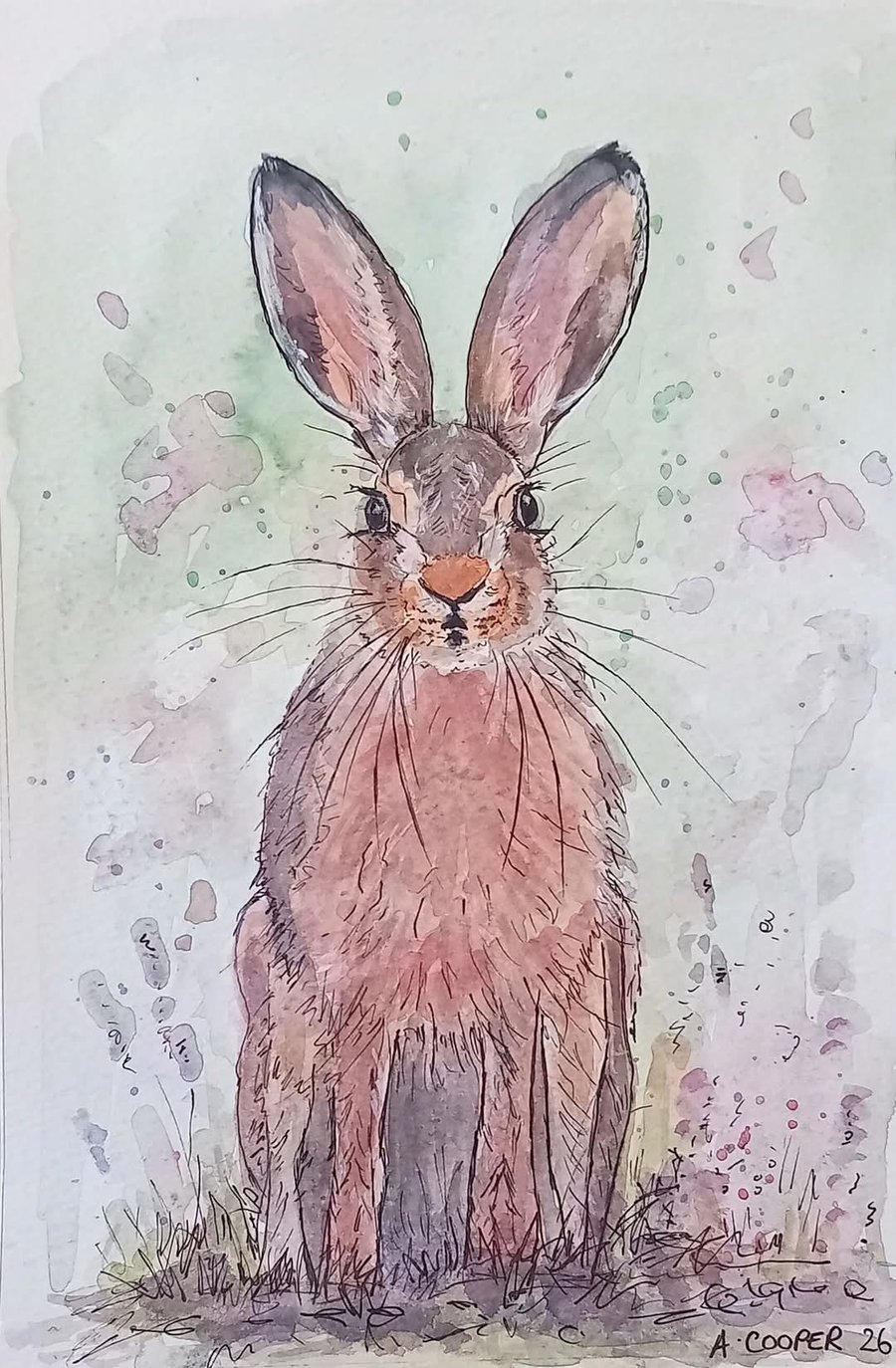 ,MARCH HARE, Original watercolour and fine liner 