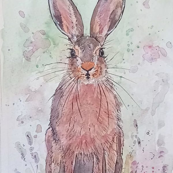 ,MARCH HARE, Original watercolour and fine liner 