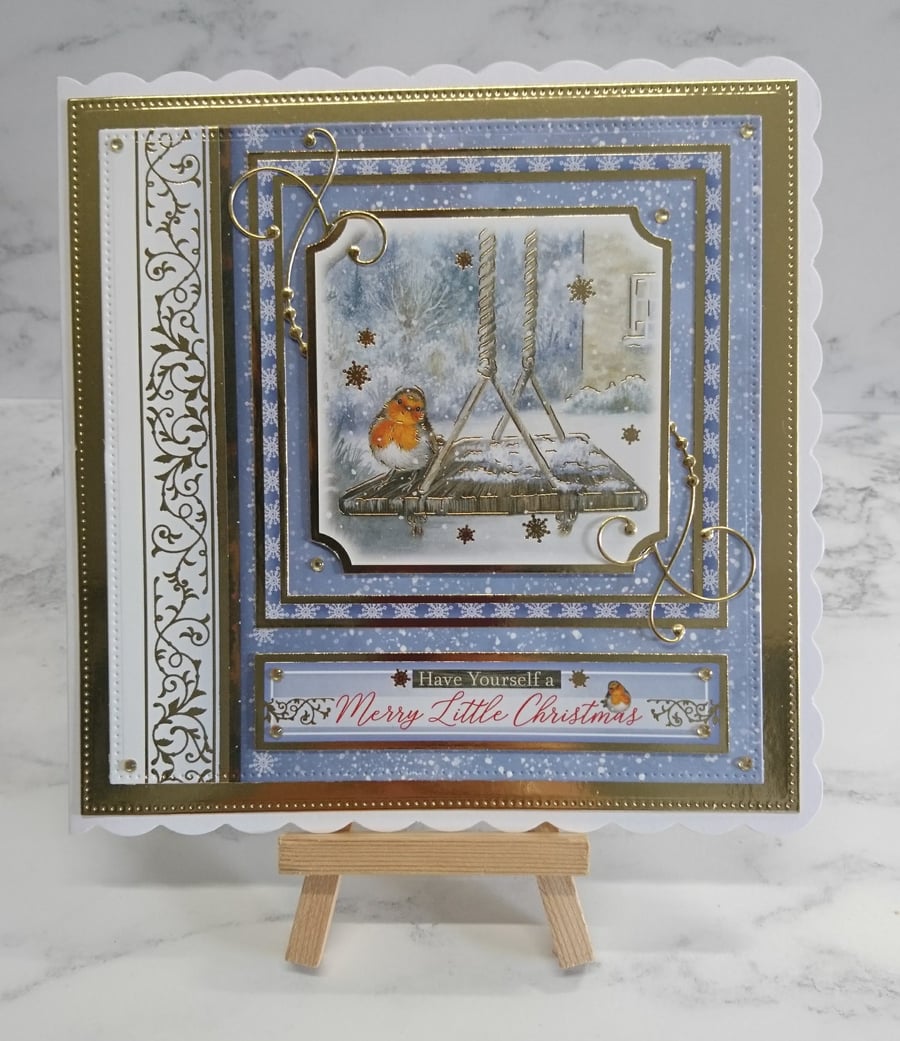 Handmade Have a Merry Little Christmas Card Robin Garden Swing Snow