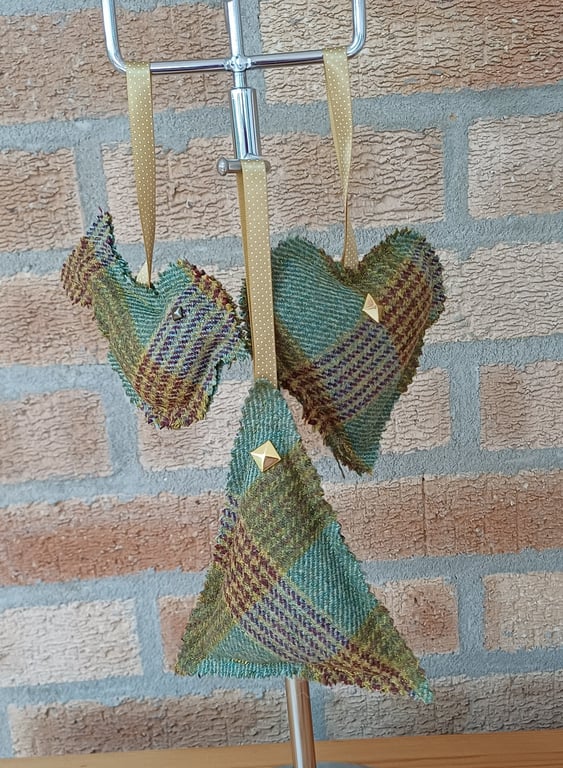 Rustic Christmas tree decorations set of 3 green brown gold wool tweed decor