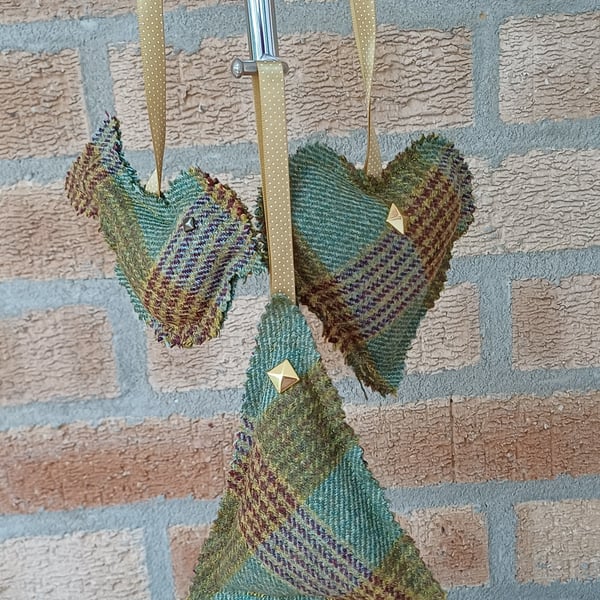 Rustic Christmas tree decorations set of 3 green brown gold wool tweed decor