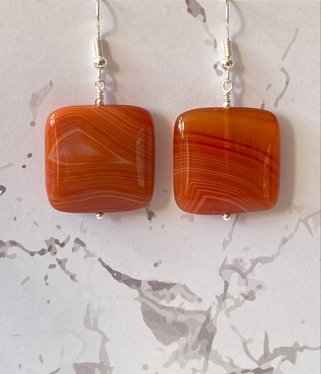 Square shaped orange and red agate stone earrings