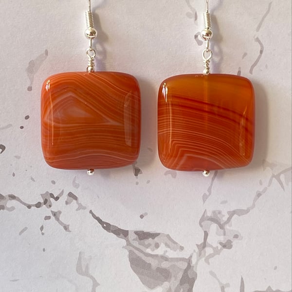 Square shaped orange and red agate stone earrings