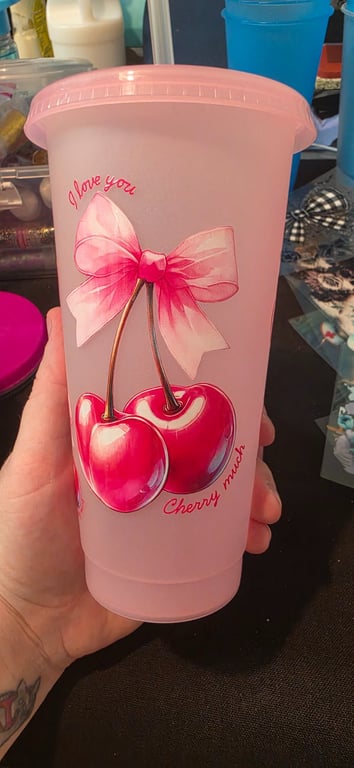 Light pink colour changing cold cup with funny cherry design