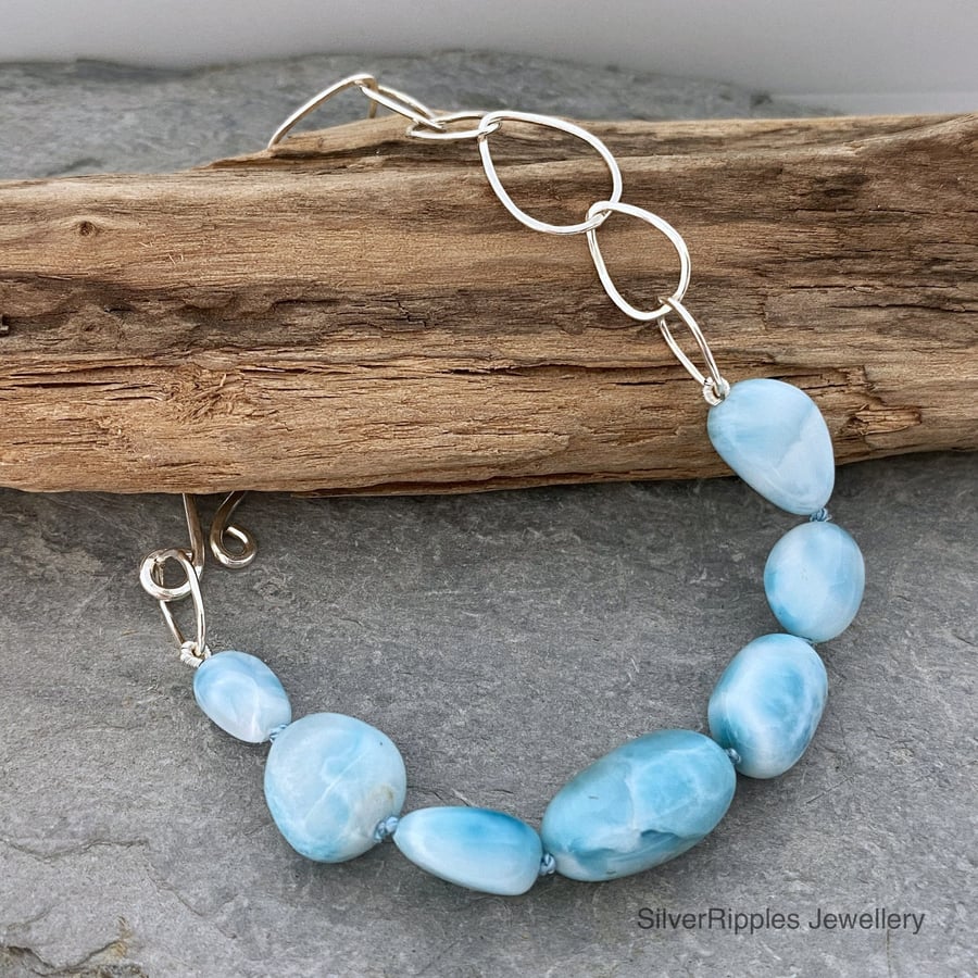 Silver chain bracelet with raindrop shaped links and turquoise Larimar beads 