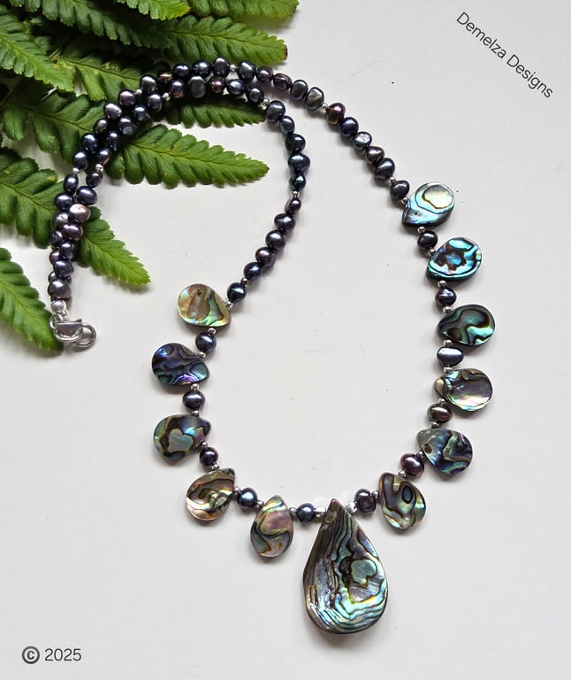 Designer Abolone Shell & Peacock Freshwater Pearl Necklace 