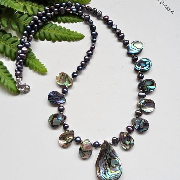 Designer Abolone Shell & Peacock Freshwater Pearl Necklace 