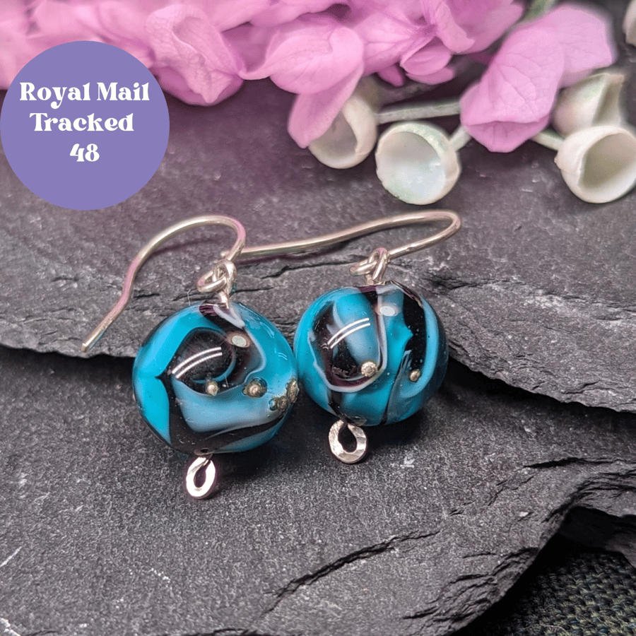 Black and blue swirl lampwork earrings