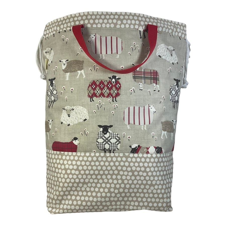 XXL drawstring knitting bag with Red sheep print canvas, supersized tote