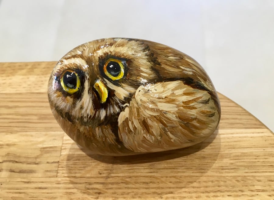 Owl hand painted pebble garden rock art wildlife bird stone 
