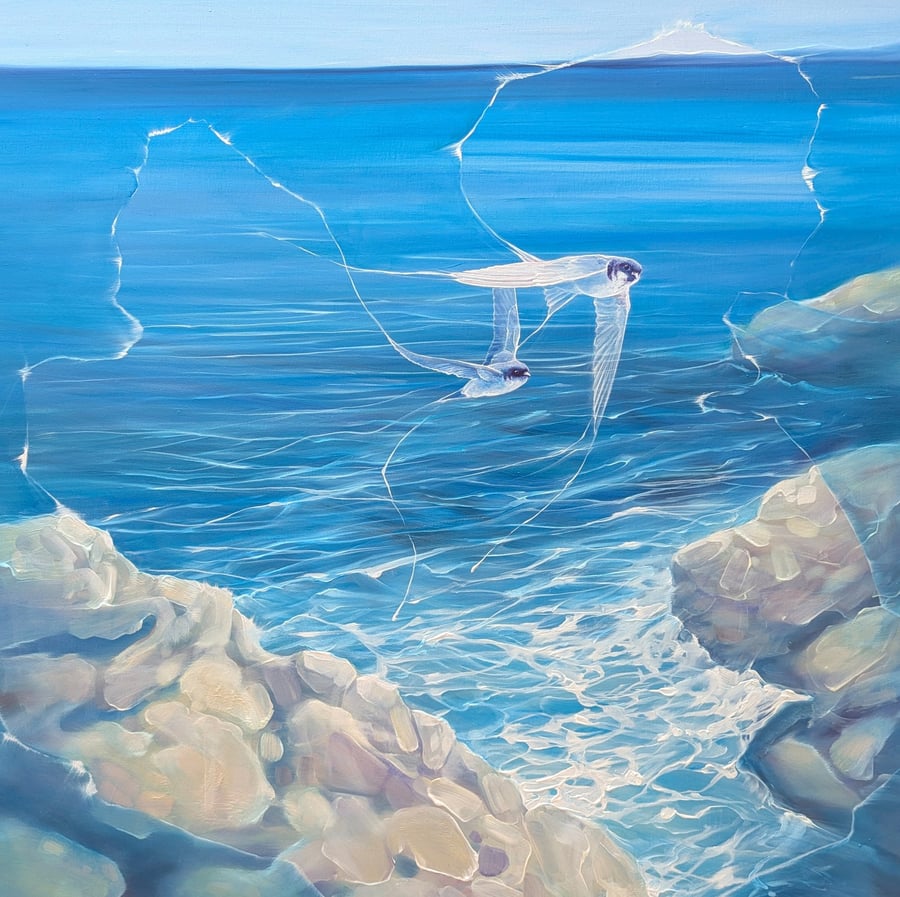 Enchanted - a magical realism blue seascape with birds painting
