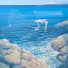 Enchanted - a magical realism blue seascape with birds painting