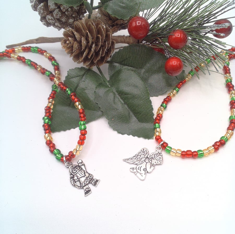 Red Gold and Green Bead Necklace with Silver Plated Christmas Charms, Christmas