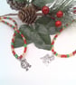 Red Gold and Green Bead Necklace with Silver Plated Christmas Charms, Christmas