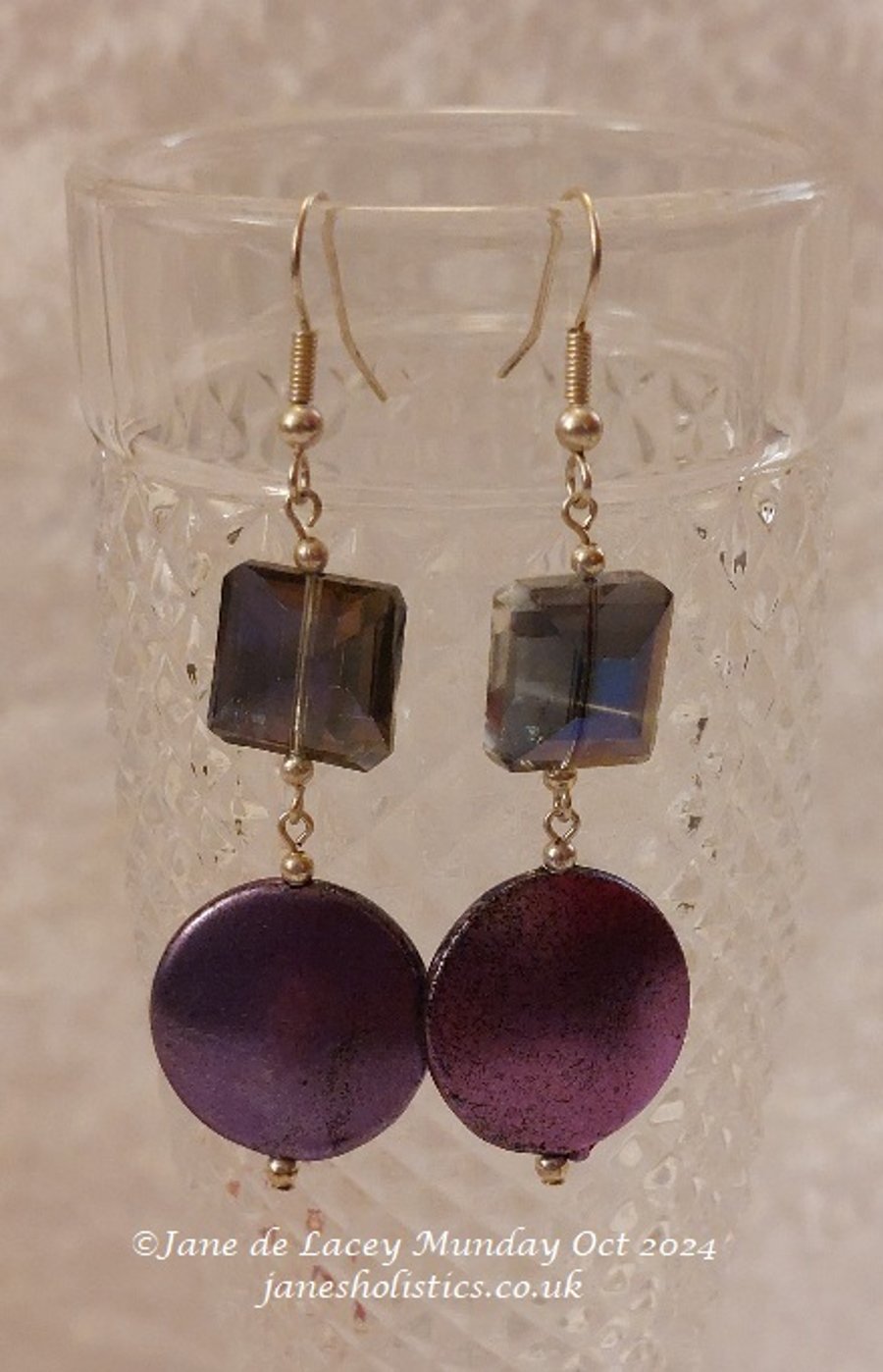 Purple Glass and round disc drop Earrings