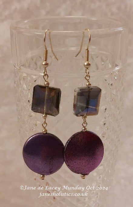 Purple Glass and round disc drop Earrings