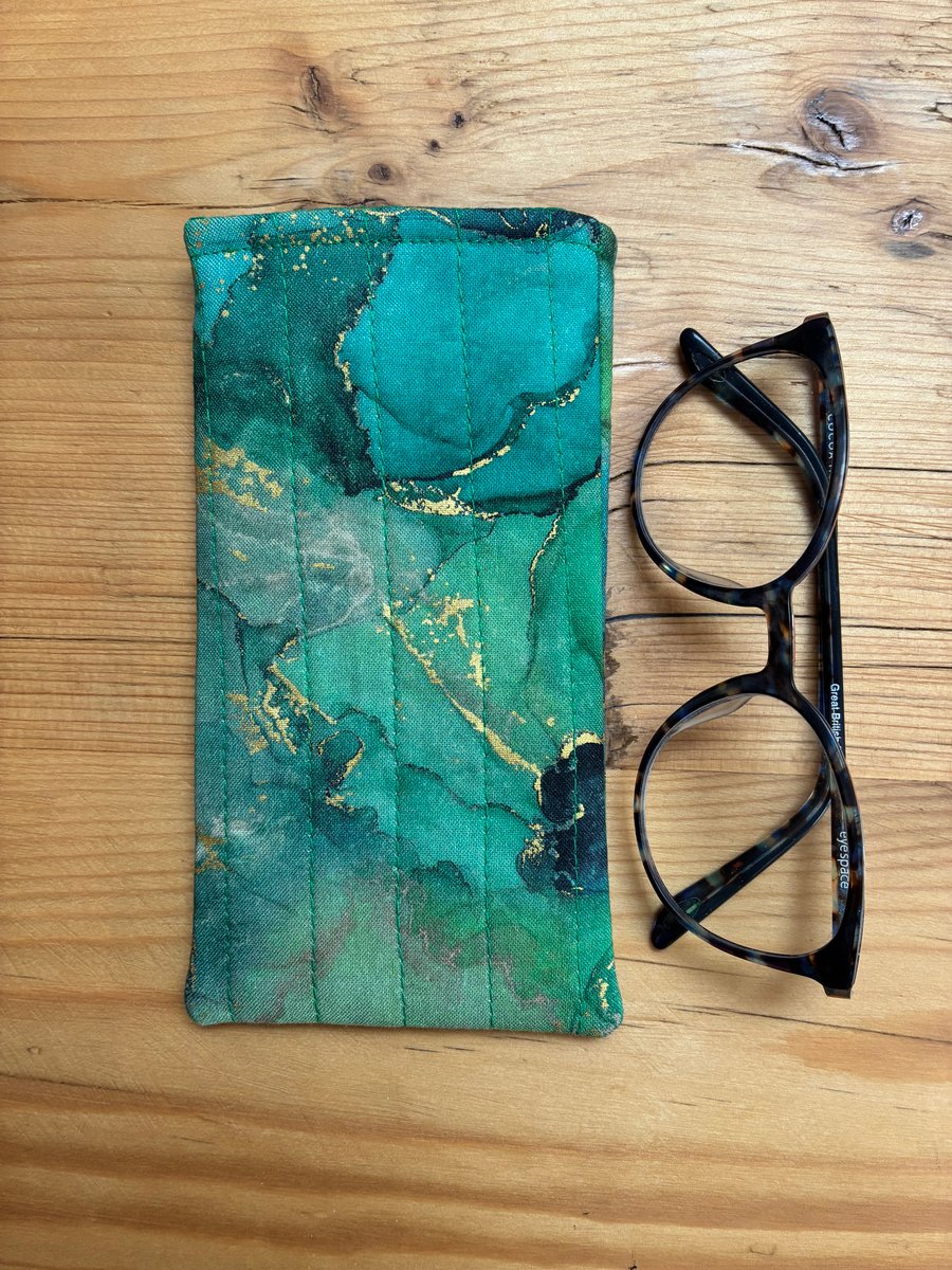 Emerald Green And Gold Quilted Glasses Case