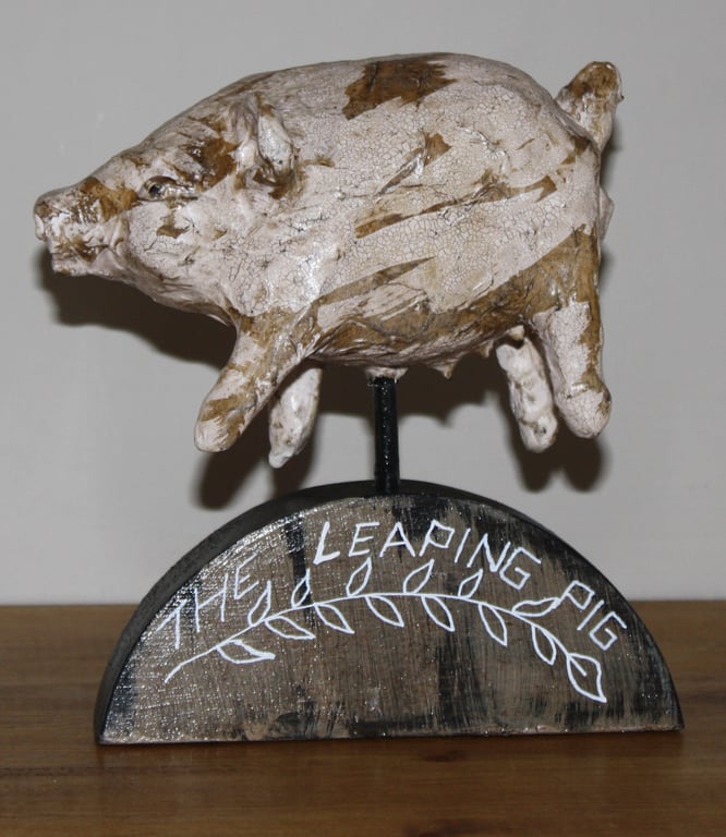 THE LEAPING PIG. PAPER MACHE FOLK ART STYLE, HOME DECOR
